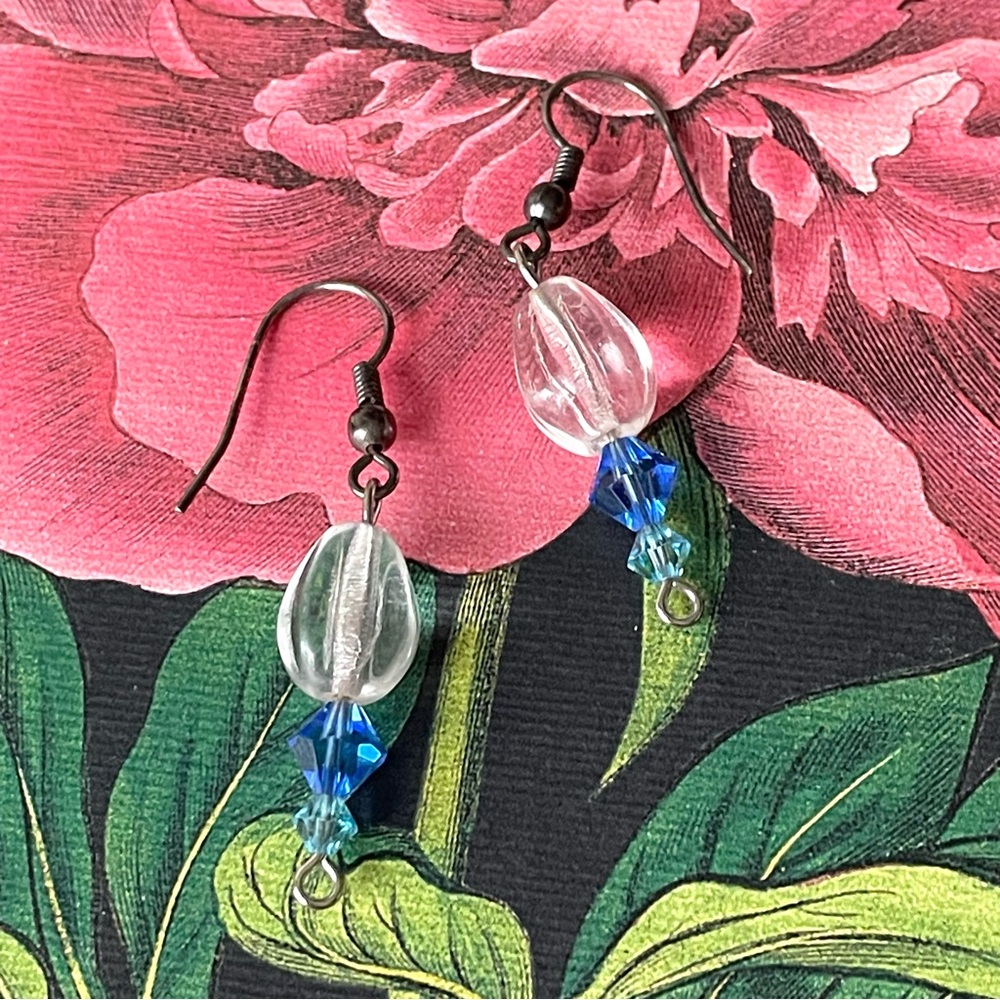 Vintage clear & blue art glass dangle earrings fairycore whimsigoth
